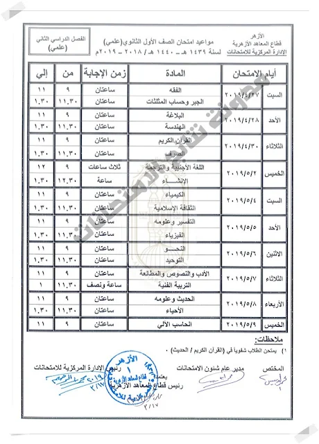 جداول امتحانات النقل الإعدادي والثانوي والقراءات والبعوث الإسلامية 2019