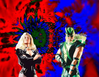 Black Canary and Green Arrow with colorful background