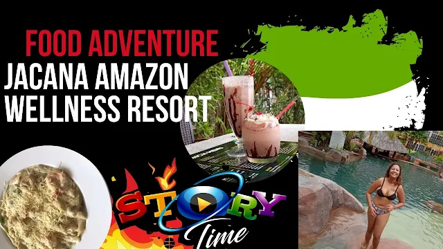 " Shrimp pasta, chocolate milk, mudslide cocktail from Jacana Amazon Wellness resort in Paramaribo. A Story Time food adventure"