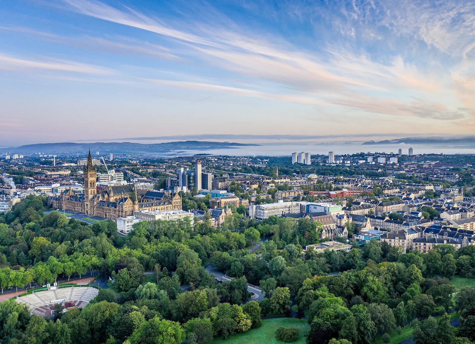 Glasgow at dawn. Looking over the North and West of Glasgow with Dumgoyne and Ben Lomond visible in the distance. Glasgow University looking resplendent as ever