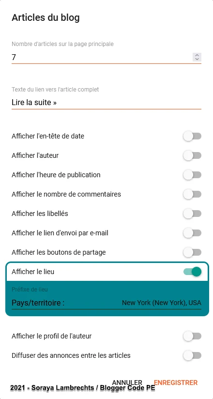 Activer l'option du lieu dans le panneau de configuration du gadget Blog.