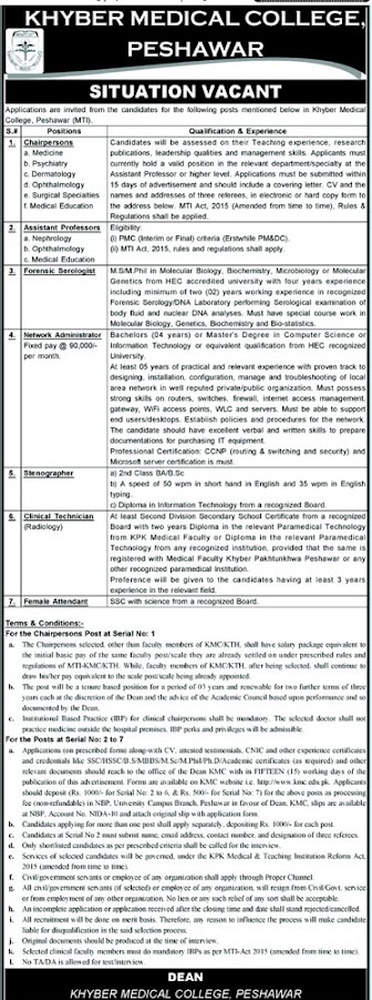 Khyber Medical College KMC Jobs in Peshawar May 2021