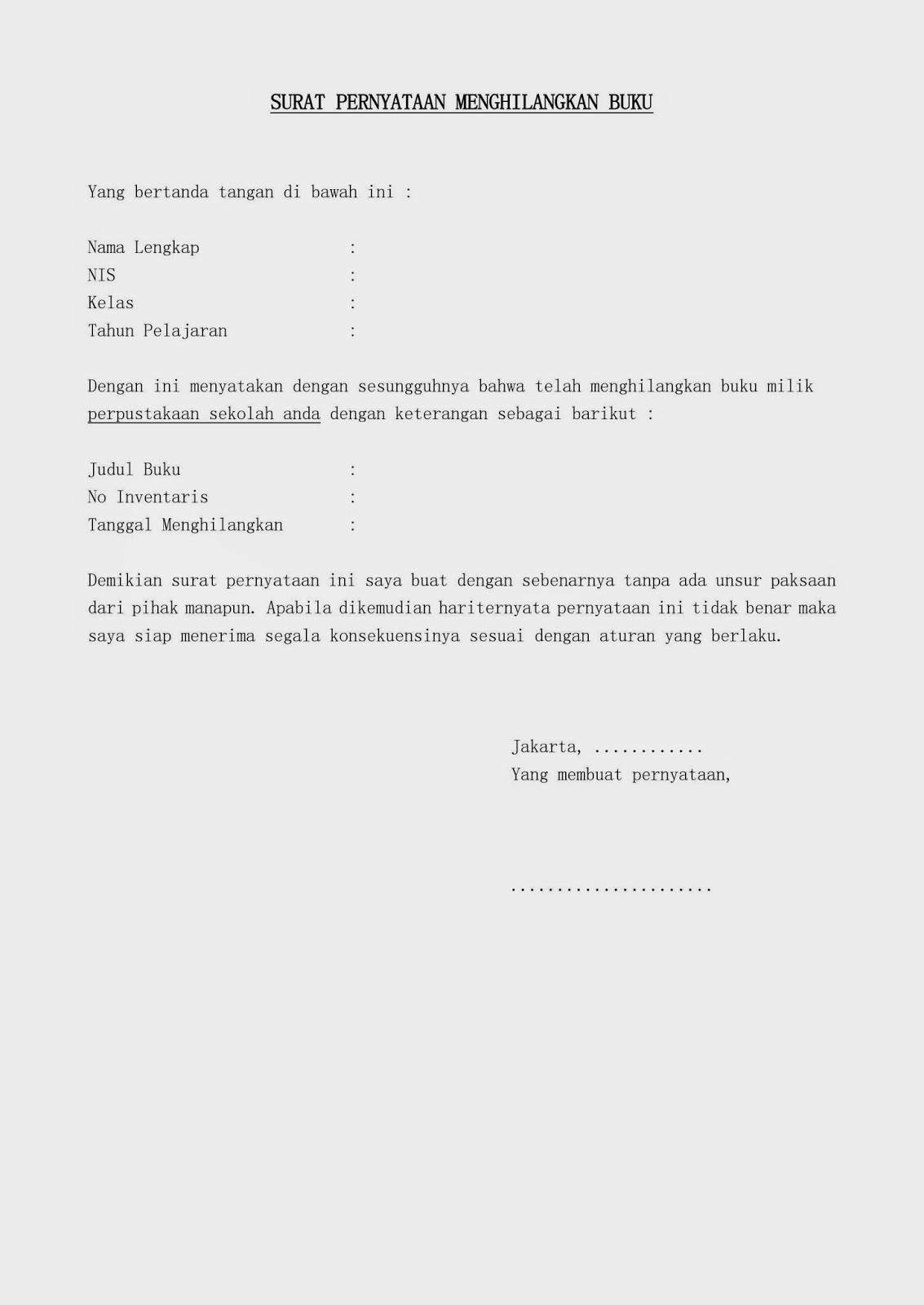 Contoh Surat Pernyataan Menghilangkan Buku Perpustakaan 