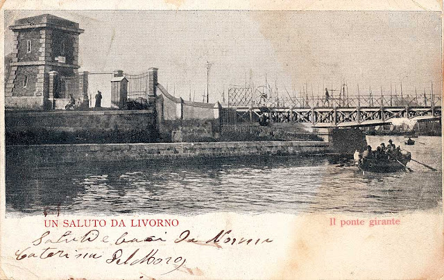Vintage postcard, tower and the old swing bridge, Porto Mediceo, Livorno
