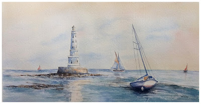 aquarelles originales JP Wisniewski, peinture à l'aquarelle d'un phare, phare de Cordouan