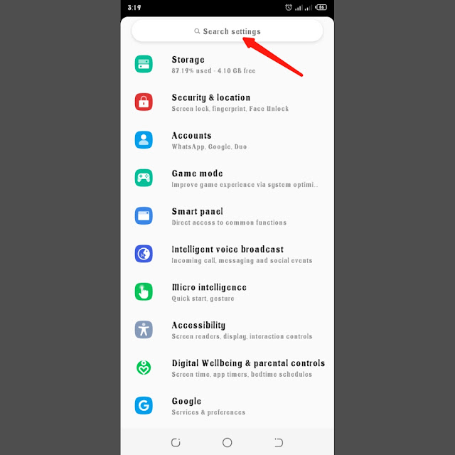 Search bar for Android phone settings