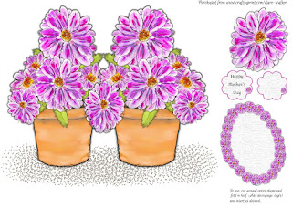 Image is a snapshot of the pink flowers in a flower pot, shaped card, available to buy as an instant printable at Craftsuprint.