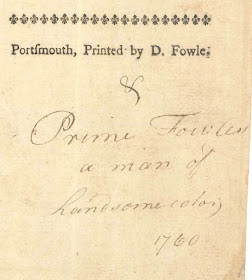 A page printed with "Portsmouth, Printed by D. Fowle" with the handwritten addition "& Prime Fowle a man of handsome color; 1760." 