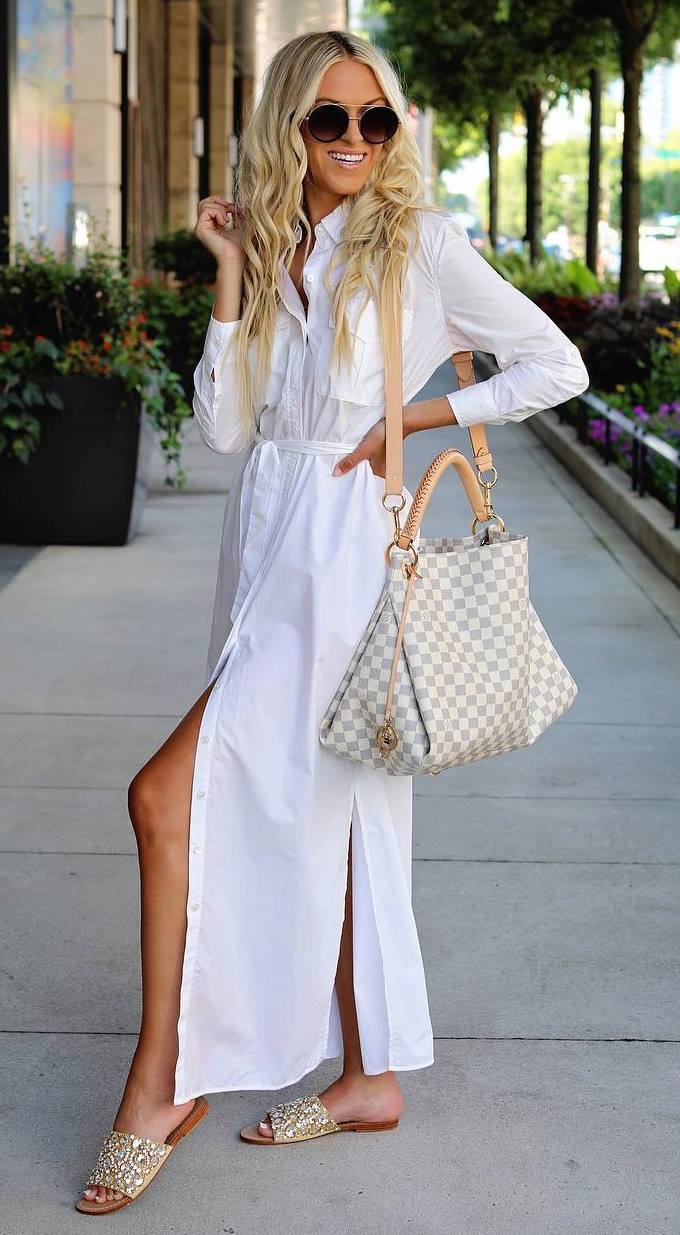 trendy outfit idea_white maxi shirt dress + bag + flip-flop