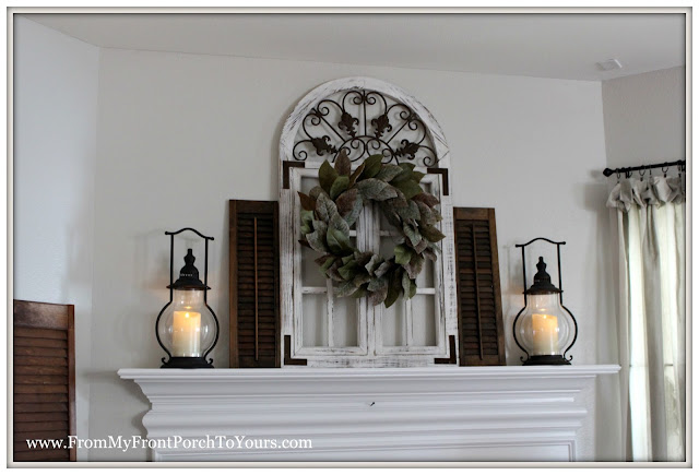 farmhouse fireplace mantel-magnolia wreath-carriage house lanterns-decor steals-from my front porch to yours