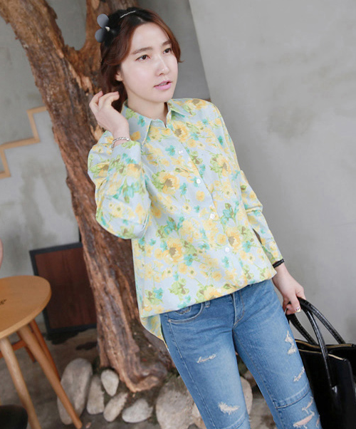 Yellow Floral on Mint Button-Down Shirt