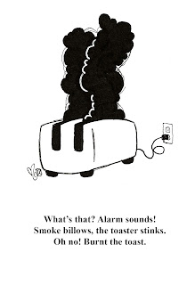 A single page excerpt from the book Toaster Haiku: For All Ages by Haley McAndrews. It has a haiku about a toaster burning the toast, and shows a simple illustration of a white toaster with black smoke billowing up.