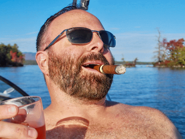 Animation of a middle-aged man drinking and frolicking with sunglasses on on a boat