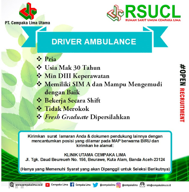 Lowongan Kerja Sebagai Driver Ambulance RSU Cempaka Lima Aceh Tahun 2020