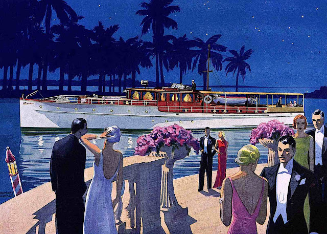 a 1933 yacht with palm trees in a color illustration