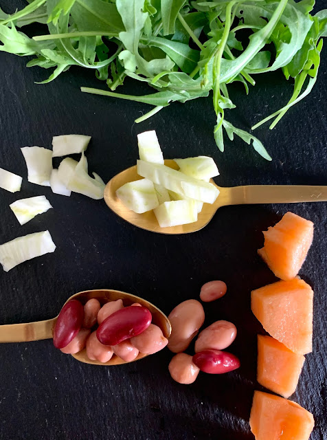 Bohnen-Salat mit Honigmelone und Fenchel, Rucola, Rezept, glutenfrei, vegan, leicht, einfach, Melone, Proteine, pflanzlich