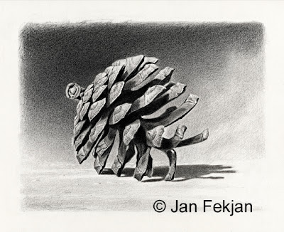 Bilde av digigrafiet ’Furukongle’. Digitalt trykk laget på bakgrunn av en tegning med kullblyant av en kongle. Illustrasjon av furukongle. Bildet er i svart-hvitt, og er i breddeformat.