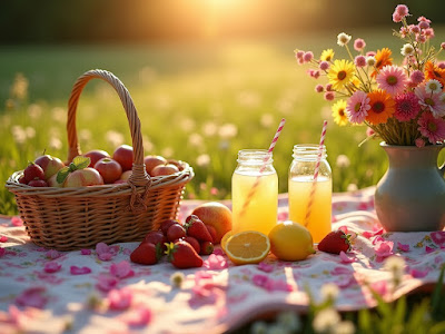 Aesthetic picnic setup with floral blanket, wicker basket, fruits, and lemonade in a sunny green meadow