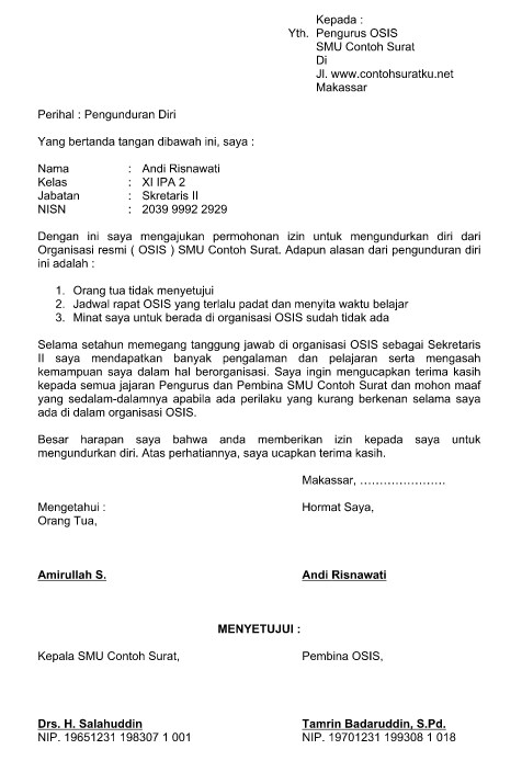 Contoh Surat Pengunduran Diri dari Organisasi (OSIS) Terbaru Format Word