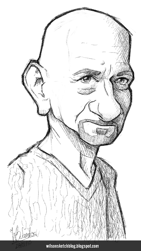 Caricature sketch of Ben Kingsley.