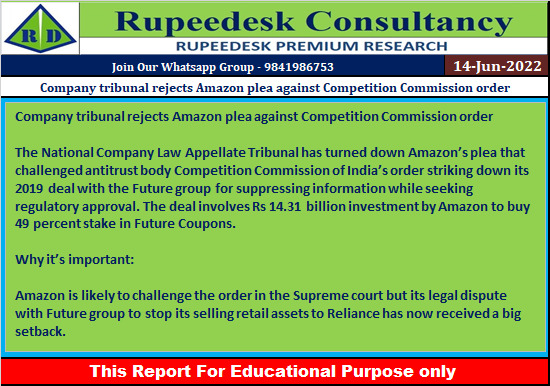 Company tribunal rejects Amazon plea against Competition Commission order - Rupeedesk Reports - 14.06.2022