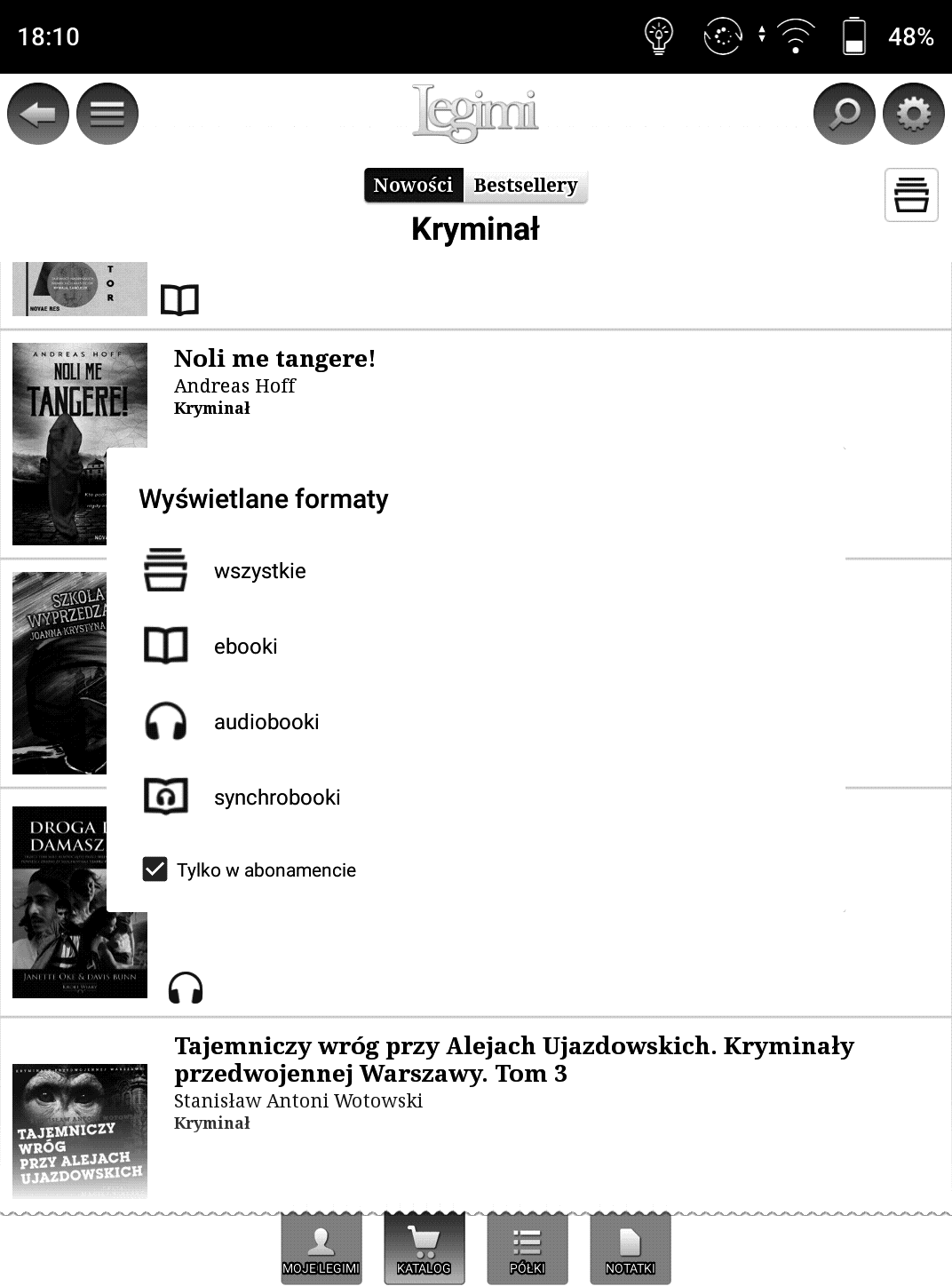 Czytnik Onyx Boox Poke 3 – opcje filtrowania e-booków w aplikacji Legimi