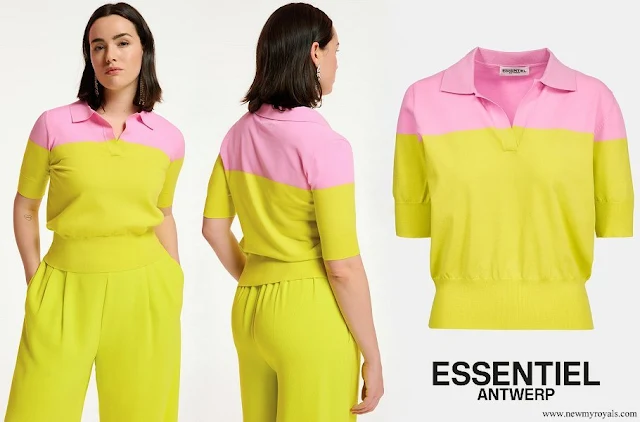 Crown Princess Elisabeth wore Essentiel Antwerp yellow and pink knitted polo top