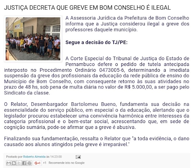 TRIBUNAL DE JUSTIÇA DE PERNAMBUCO DECRETA QUE GREVE DE PROFESSORES DE BOM CONSELHO É ILEGAL