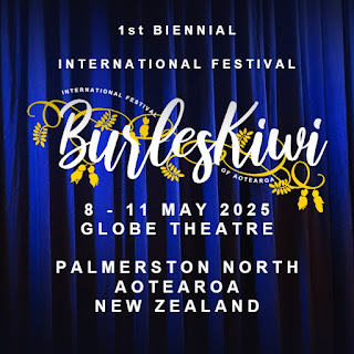 Burleskiwi International Festival of Burlesque The logo which shows a dark blue theatre curtain background, and the title with yellow spirals and curls around it hanging with kowhai flowers and leaves.