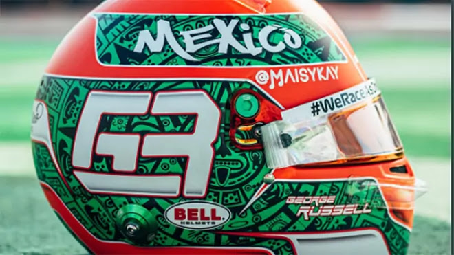 George Russell y Williams presumen el casco que utilizará para el Gran Premio de México