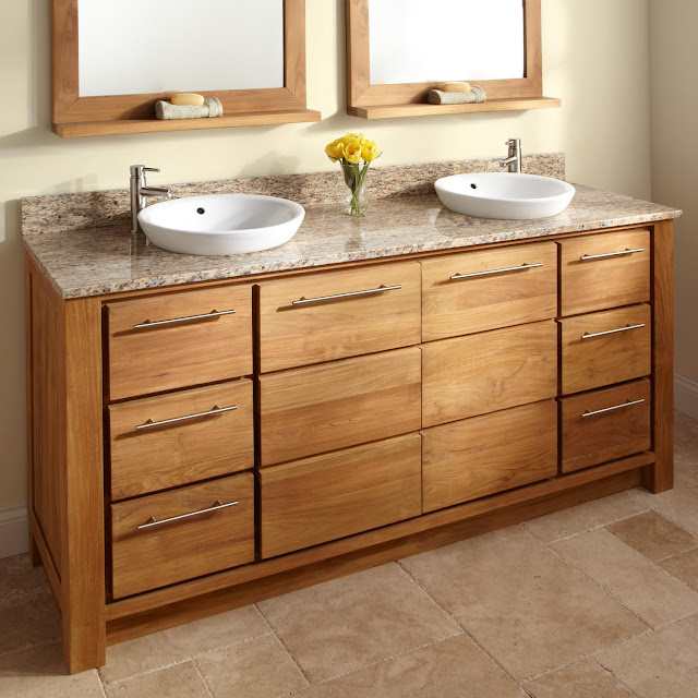 light wood teak bathroom vanity with granite countertops and double wall mounted mirrors