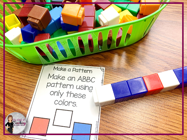 These flashcards ask students to make a pattern. It can be made with anything to make the patterns.