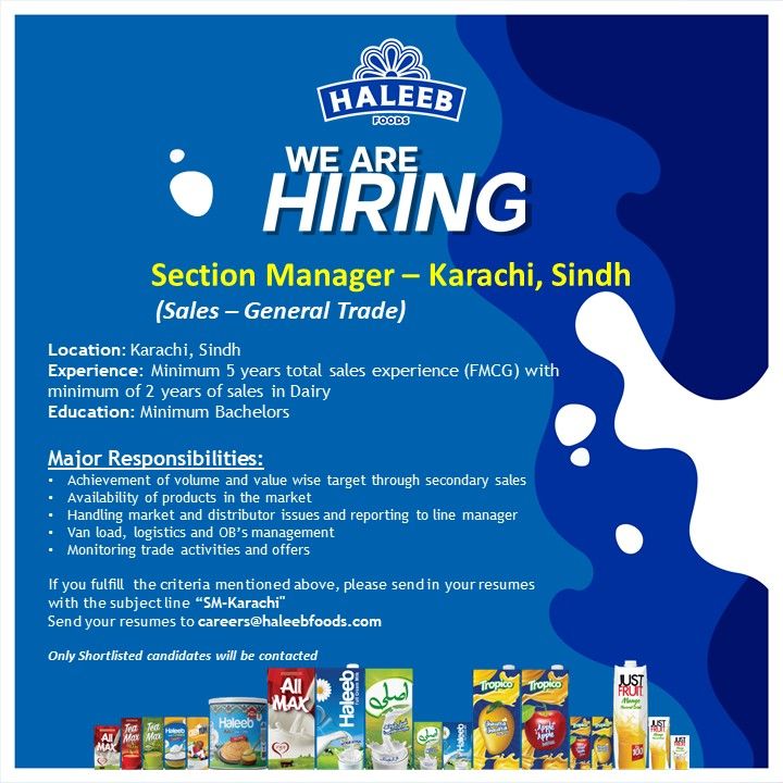 Haleeb Foods Ltd Jobs For Section Manager Sales