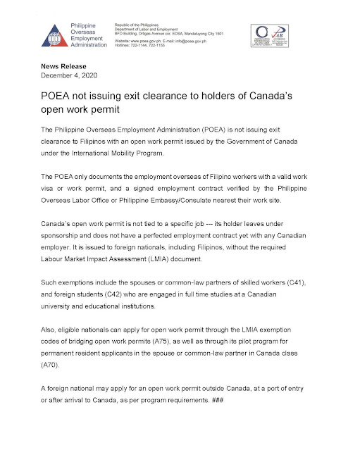 POEA Advisory Re Open Work Permits Issued by Canada
