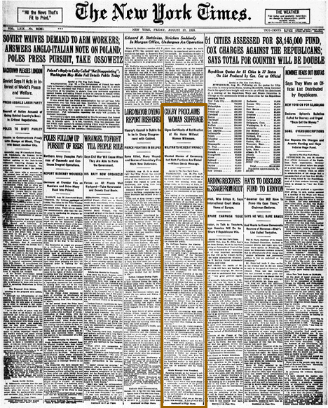 new york times front page today. NY Times 1920 front page