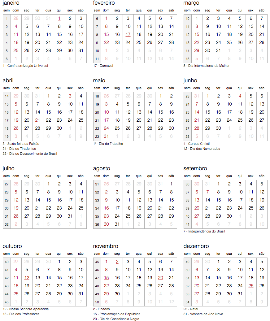 Calendário 2017 com feriados nacionais estaduais e webcid