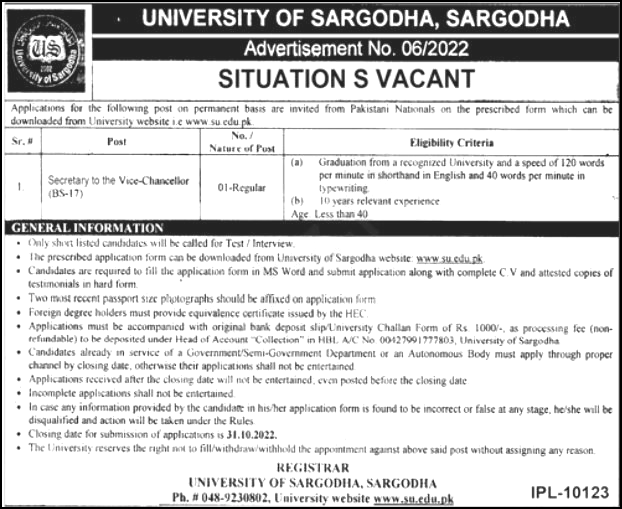 Secretary To The Vice Chancellor Jobs In University Of Sargodha Uos Sargodha 2022
