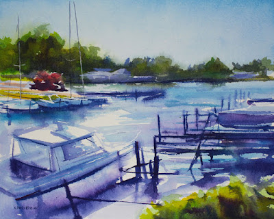 A watercolor painting of boats at Newfane marina, NY.