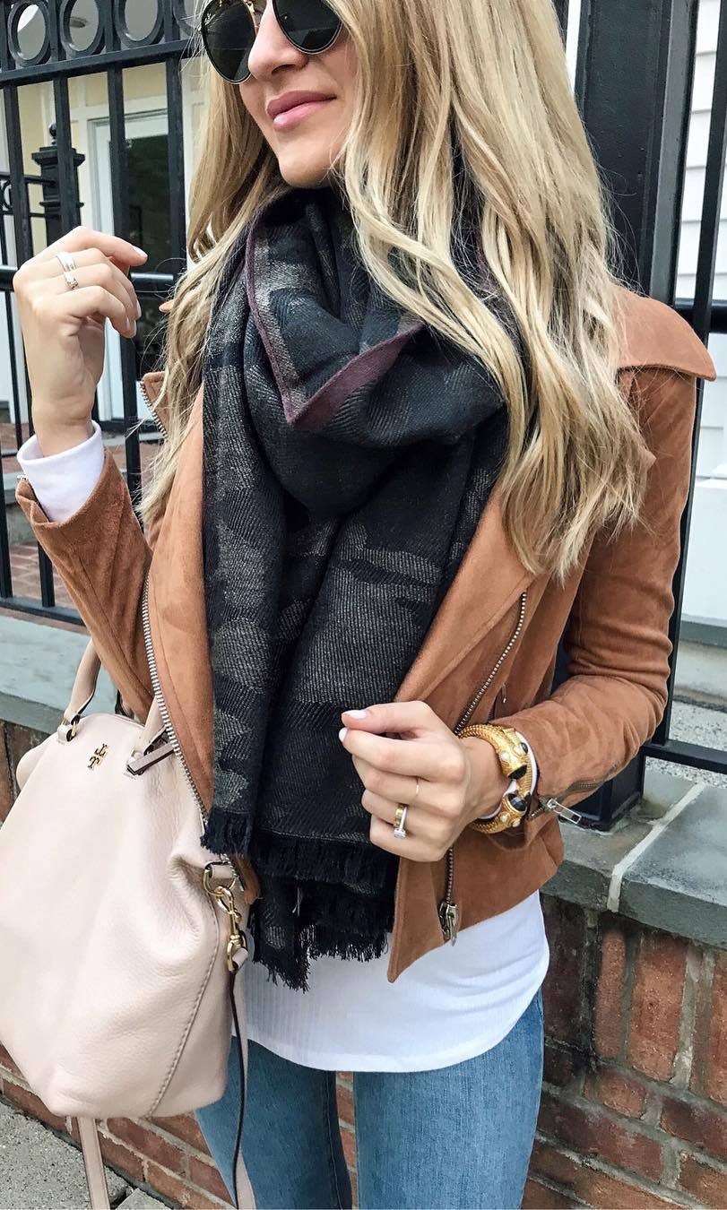 what to wear with a scarf : leather jacket + bag + top + jeans