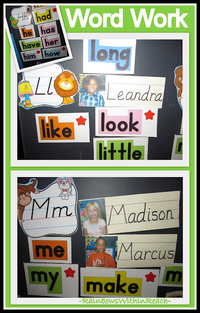 Word Work: Sight Words on Bulletin Board with Student Names + Photos on Word Wall