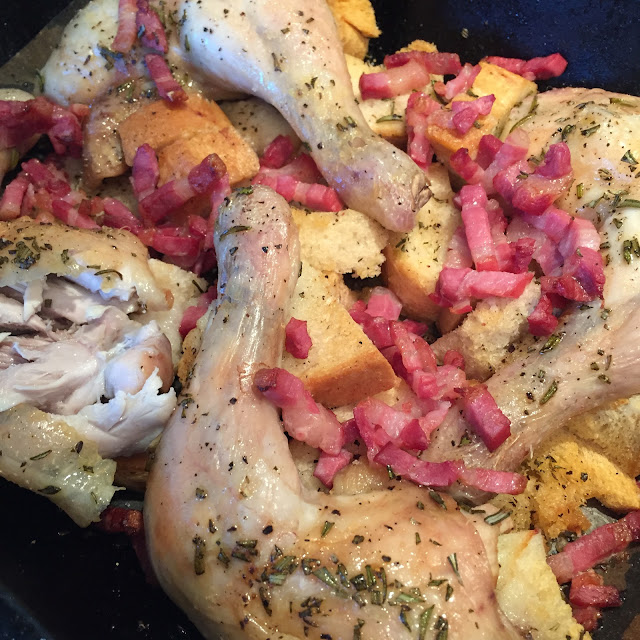 crispy chicken legs, pancetta and croutons