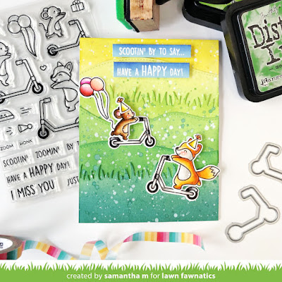 Scootin' By Card by Samantha Mann for Lawn Fawnatics Challenge, Distress Inks, Die Cutting, Scooter, Scene, Lawn Fawn, #lawnfawn #lawnfawnatics #distressinks #diecutting #cardmaking