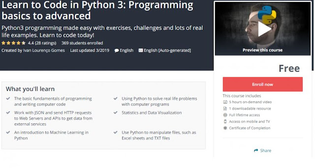 [100% Free] Learn to Code in Python 3: Programming basics to advanced