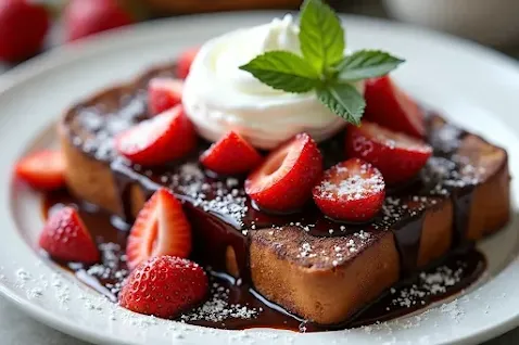 Decadent Chocolate-Strawberry French Toast with melted chocolate and fresh strawberries.