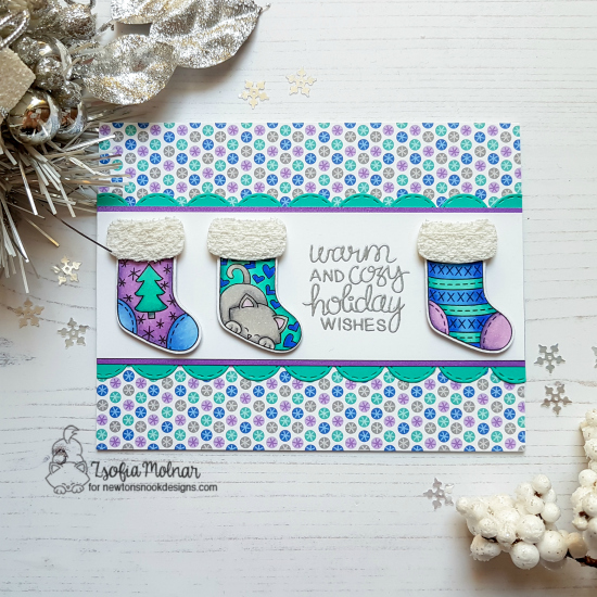 Cozy Christmas Stocking Card by Zsofia Molnar | Holiday Stockings Stamp Set, Stylish Stockings Die set and Sky Borders Die Set by Newton's Nook Designs #newtonsnook #handmade