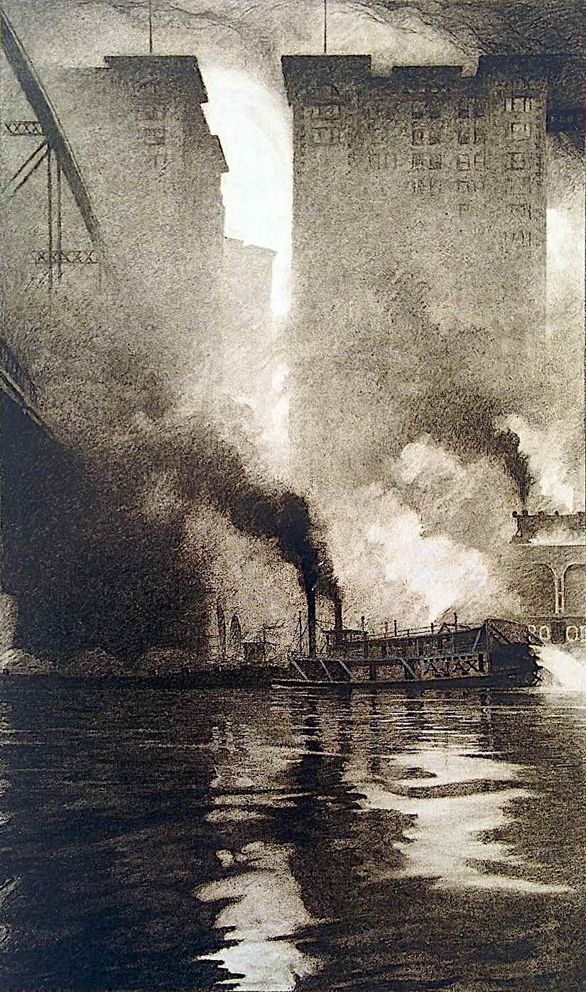 a Thornton Oakley illustration of smoky big city docks