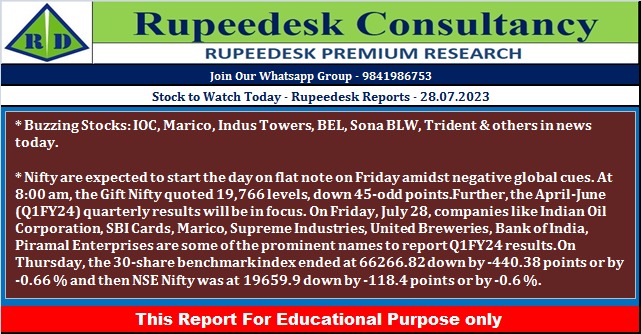 Stock to Watch Today - Rupeedesk Reports - 28.07.2023