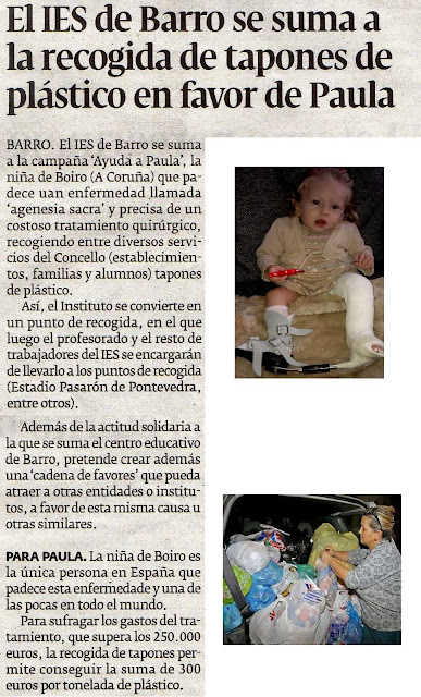 El IES de Barro se suma a la campaña "Un tapón por Paula", la niña que nació sin hueso sacro.