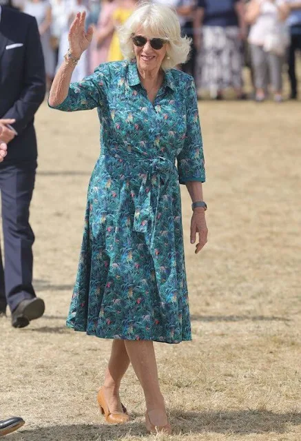 Camilla, Duchess of Cornwall wore a tropical print dress during the visit Queen Elizabeth's Sandringham estate in Norfolk