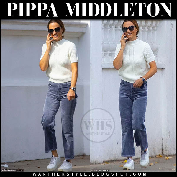 Pippa Middleton in short sleeve knit sweater and grey corduroy pants